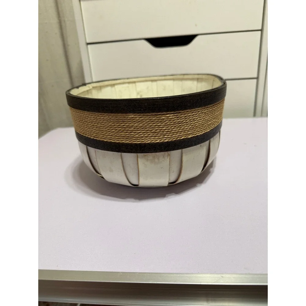 Oval Wood Rope Basket Rustic Farmhouse Whitewashed‎ Decor 12 In
